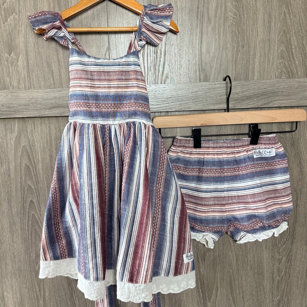 Bella & Omi Dress Shorts Set Girls 5 Striped Linen Cotton Boho Cottage Boutique